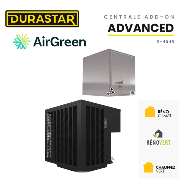Thermopompe centrale ADD-ON DURASTAR Advanced au R-454B avec serpentin, installée par AirGreen à Montréal, Laval, Longueuil, sur la Rive-Sud et la Rive-Nord