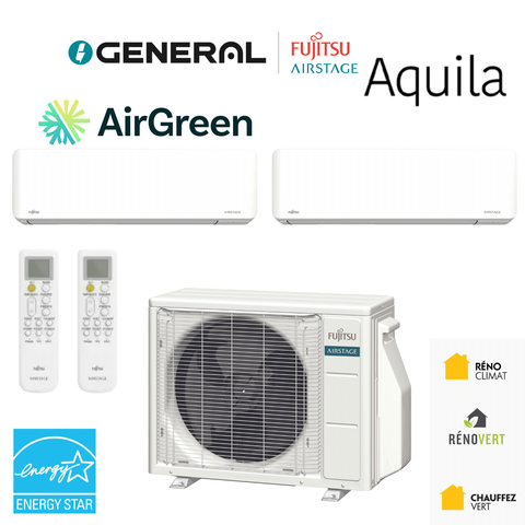 Thermopompe multizone GENERAL AIRSTAGE Aquila 2 zones 18 000 BTU – carte principale | Montréal, Laval, Longueuil, Rive-Sud, Rive-Nord