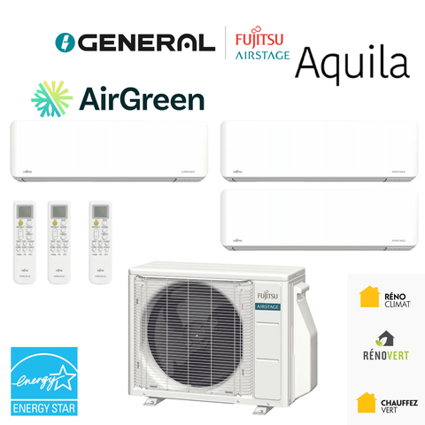 Thermopompe multizone GENERAL AIRSTAGE Aquila 3 zones 36 000 BTU – carte principale | Montréal, Laval, Longueuil, Rive-Sud, Rive-Nord