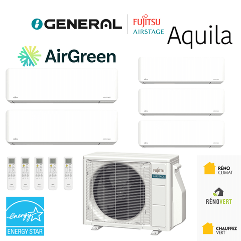 Thermopompe multizone GENERAL AIRSTAGE Aquila 5 zones 45 000 BTU – carte principale | Montréal, Laval, Longueuil, Rive-Sud, Rive-Nord