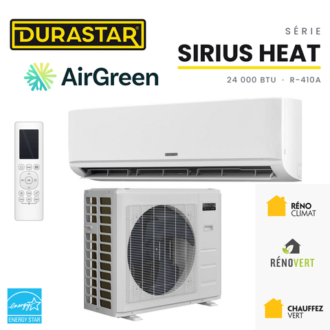 Thermopompe murale DURASTAR Sirius Heat 24 000 BTU R-410A avec unité intérieure, unité extérieure, télécommande, logos DuraStar et AirGreen, ENERGY STAR et subventions du Québec