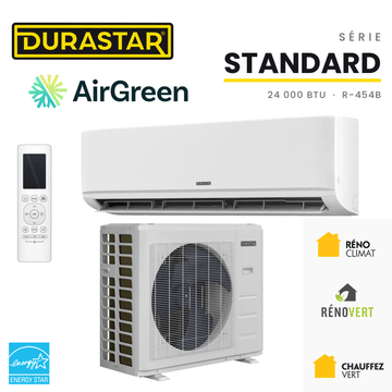 Thermopompe murale DURASTAR Standard 24 000 BTU R-454B avec unité intérieure, unité extérieure, télécommande, logos DuraStar et AirGreen, ENERGY STAR et subventions du Québec