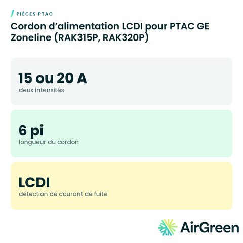 Cordon d’alimentation LCDI pour PTAC GE Zoneline (RAK315P, RAK320P)