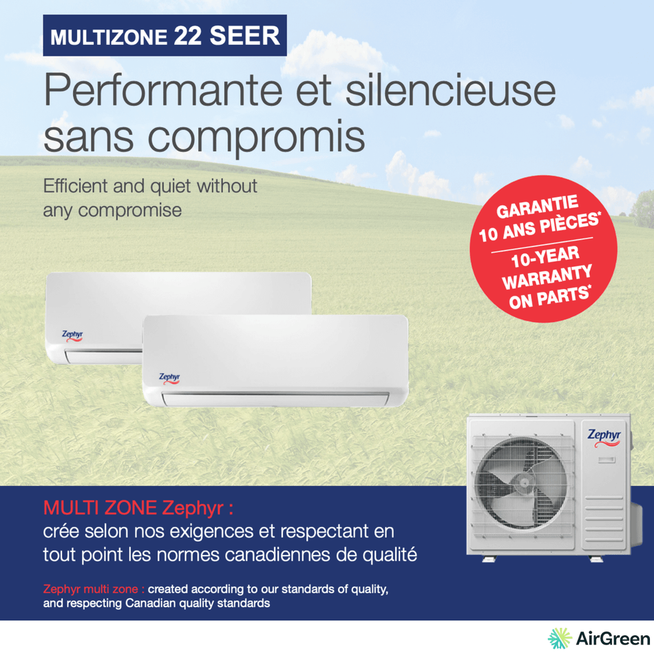 Thermopompe DoubleZone Zephyr R-454B | Compresseur 24 000 BTU | Montréal, Laval, Longueuil, Rive Sud & Rive Nord