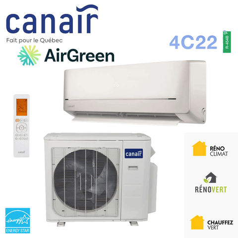 Front view of Thermopompe Murale CANAIR 4C22 | 9 000 BTU - R454B - 220V | Montréal with remote control and outdoor unit.