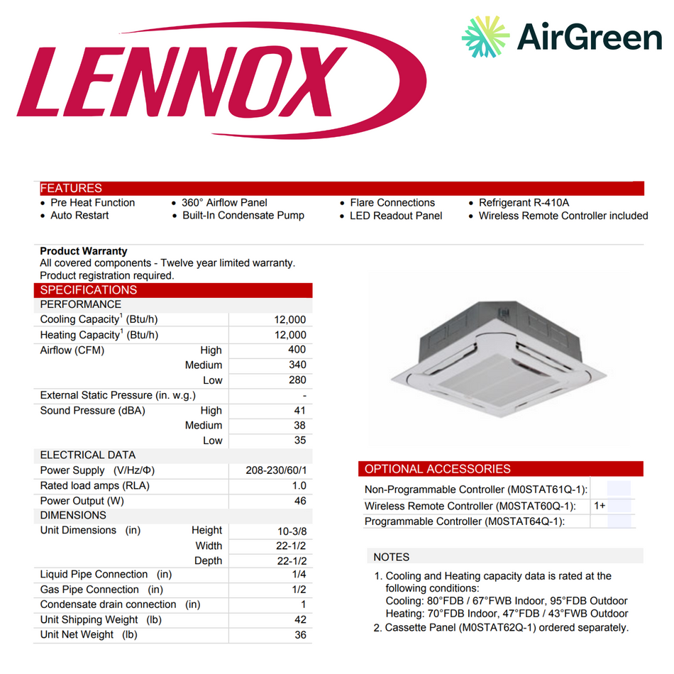 Cassette de Plafond Lennox M22A | 12000 BTU | Montréal, Laval, Longueuil, Rive Sud & Rive Nord