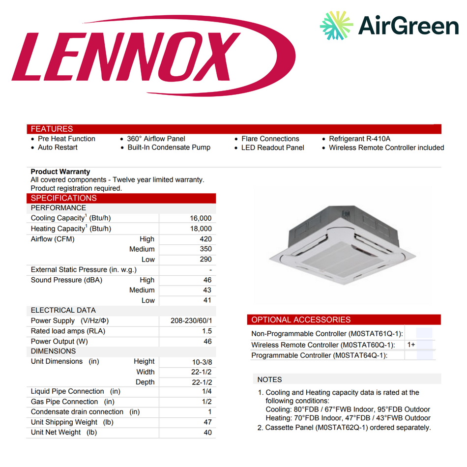 Cassette de Plafond Lennox M22A | 18000 BTU | Montréal, Laval, Longueuil, Rive Sud & Rive Nord