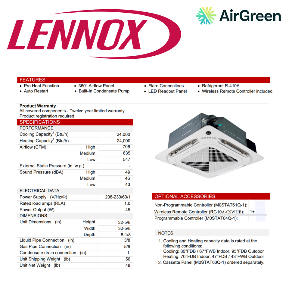 Cassette de Plafond Lennox M33C | 24000 BTU | Montréal, Laval, Longueuil, Rive Sud & Rive Nord