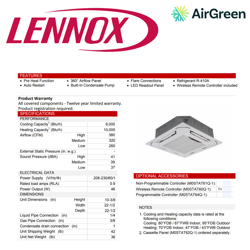 Cassette de Plafond Lennox M22A | 9000 BTU | Montréal, Laval, Longueuil, Rive Sud & Rive Nord