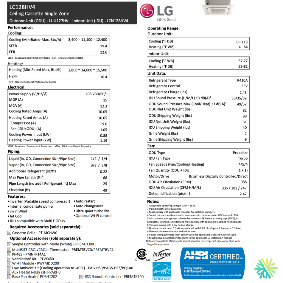 Cassette de Plafond LG | 12 000 BTU | Montréal, Laval, Longueuil, Rive Sud & Rive Nord