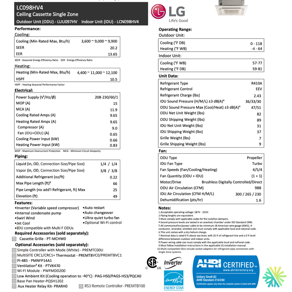 Cassette de Plafond LG | 9 000 BTU | Montréal, Laval, Longueuil, Rive Sud & Rive Nord