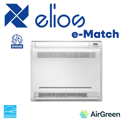 Thermopompe Console de Plancher ELIOS | e-match R454B | 12 000 BTU, AirGreen logo, energy-efficient floor console HVAC unit