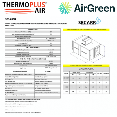 Déshumidificateur Commercial : SECARR SDS SDS-090H de THERMOPLUS AIR spec sheet with relevant information