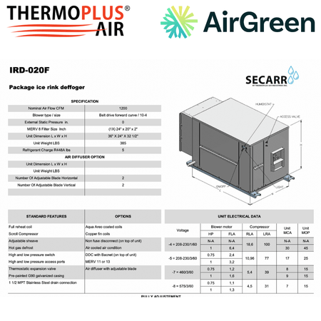 Déshumidificateur (Désembueur pour patinoire) SECARR IRD IRD-020F de THERMOPLUS AIR spec sheet with relevant information