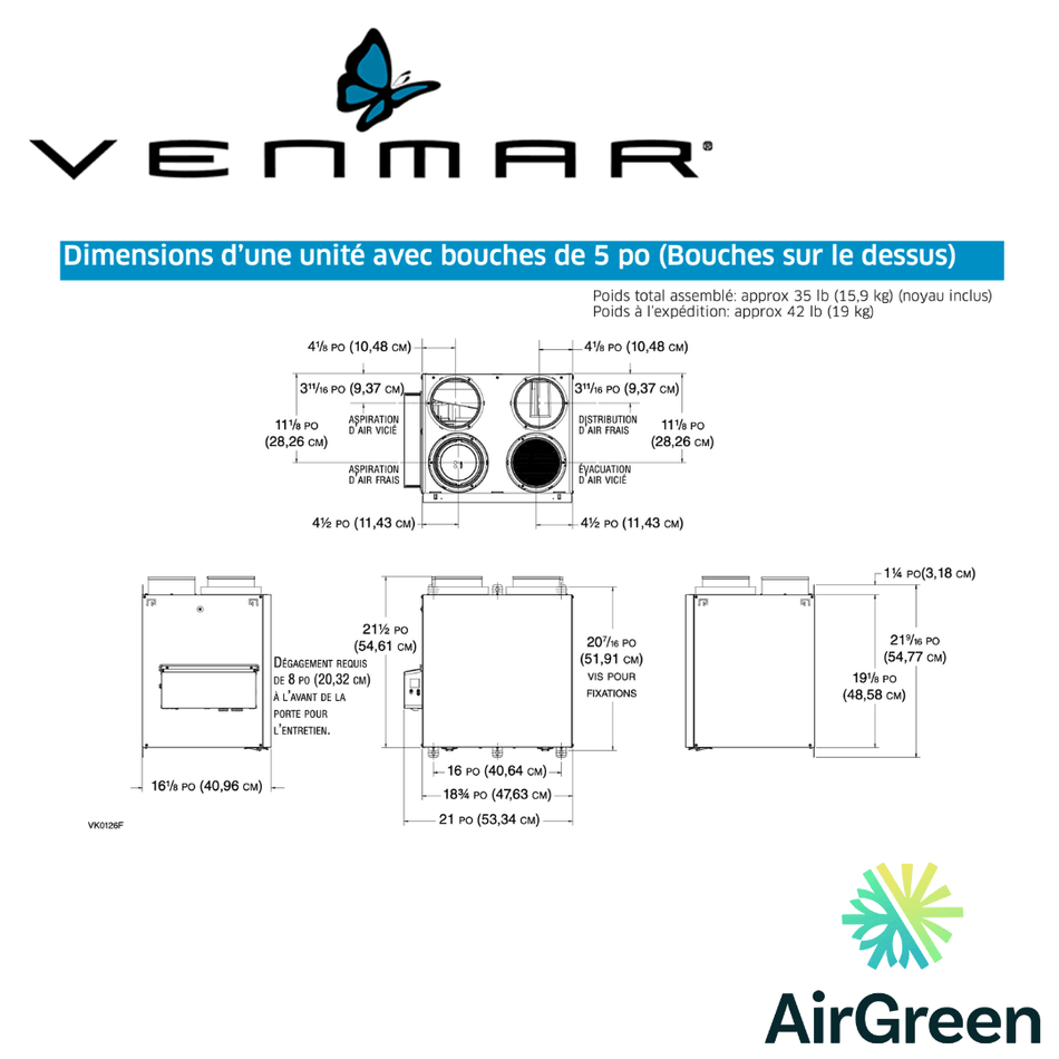 Échangeur d'Air VENMAR AVS® SÉRIE N A130H65RT spec sheet with relevant information