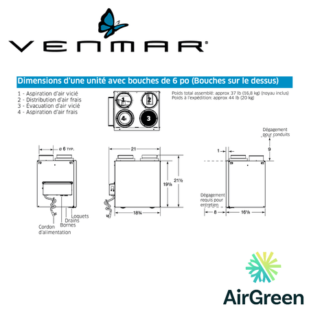 Échangeur d'Air VENMAR AVS® SÉRIE N A160E65RT spec sheet with relevant information