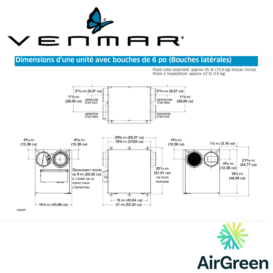 Échangeur d'Air VENMAR AVS® SÉRIE N A160H65RS spec sheet with relevant information