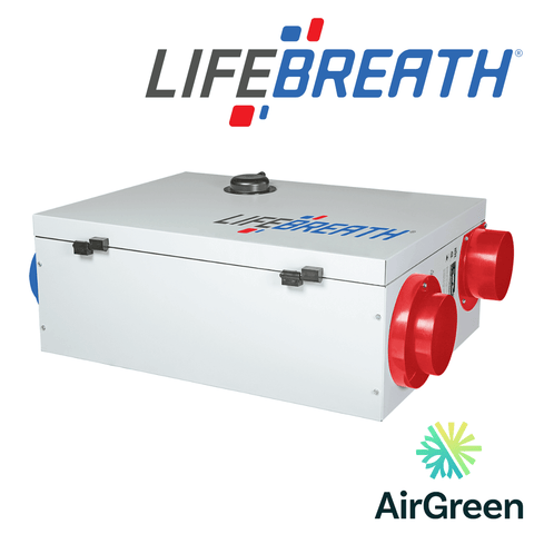 Échangeur d'Air LIFEBREATH METRO 120D Grand Montréal, logo AirGreen, ventilateur-récupérateur de chaleur haute efficacité.