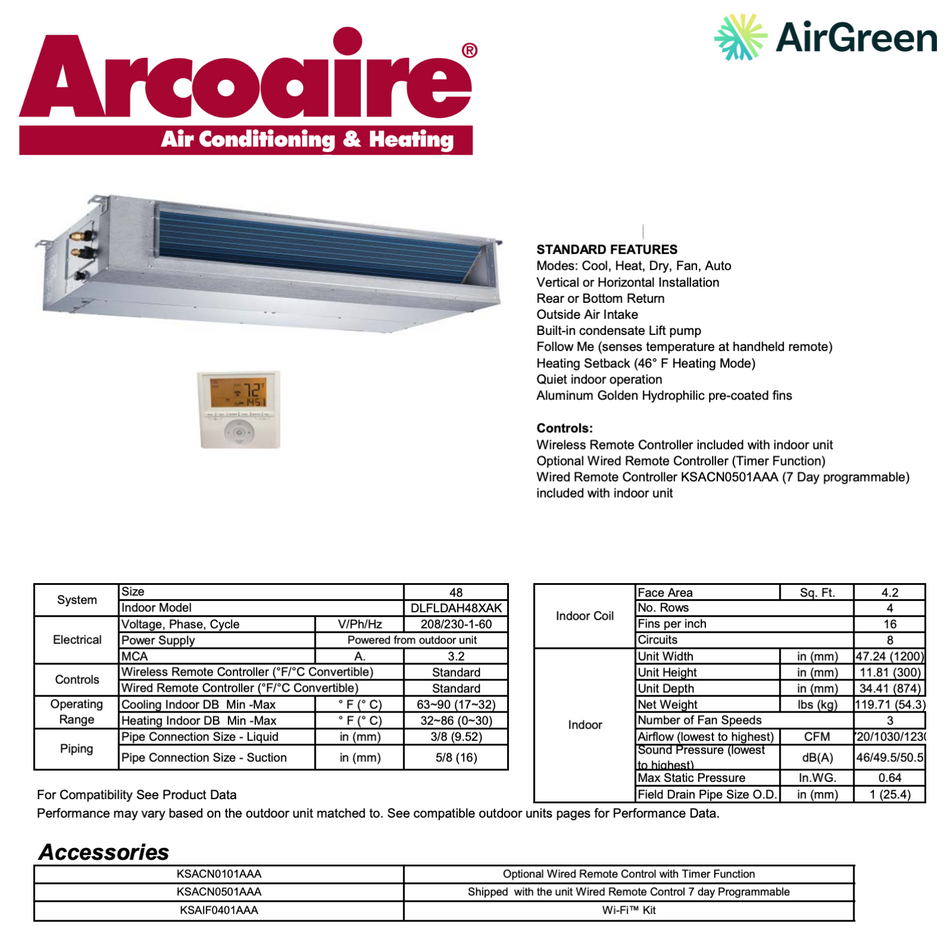ArcoAire Concealed Duct DLFSDA | 48 000 BTU | Montreal, Laval, Longueuil, South Shore and North Shore