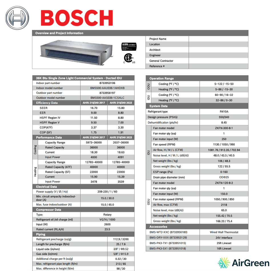 BOSCH Ducted System | 36 000 BTU | Montreal, Laval, Longueuil, South Shore and North Shore