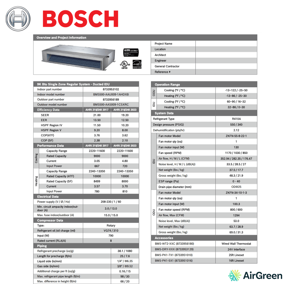 BOSCH Ducted System | 9 000 BTU | Montreal, Laval, Longueuil, South Shore and North Shore