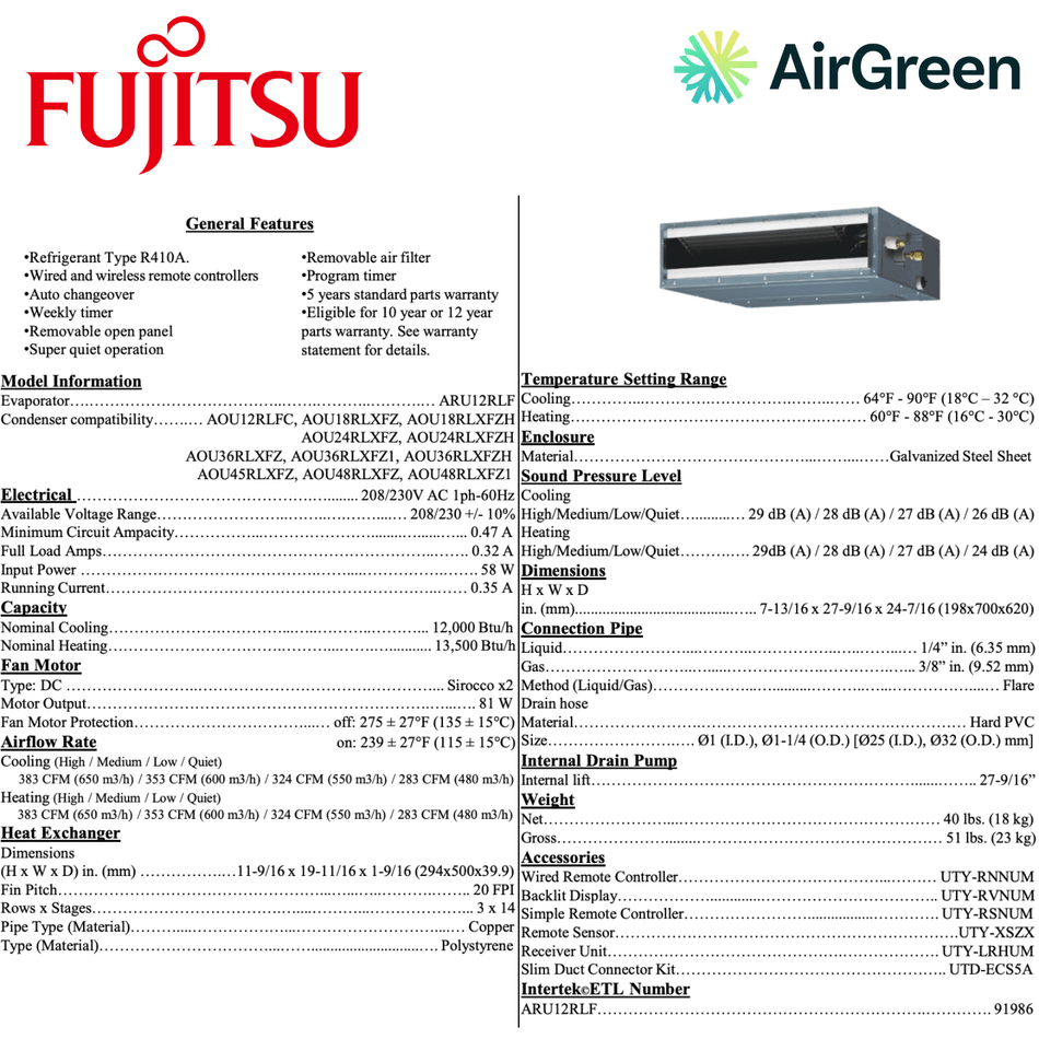 Gainable Fujitsu RLF | 12 000 BTU | Installation à Montréal, Laval, Longueuil, Rive Sud et Rive Nord