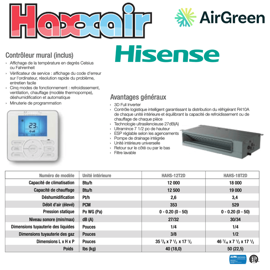 Système de Conduit Gainable HAXXAIR | 18 000 BTU | Montréal, Laval, Longueuil, Rive Sud & Rive Nord