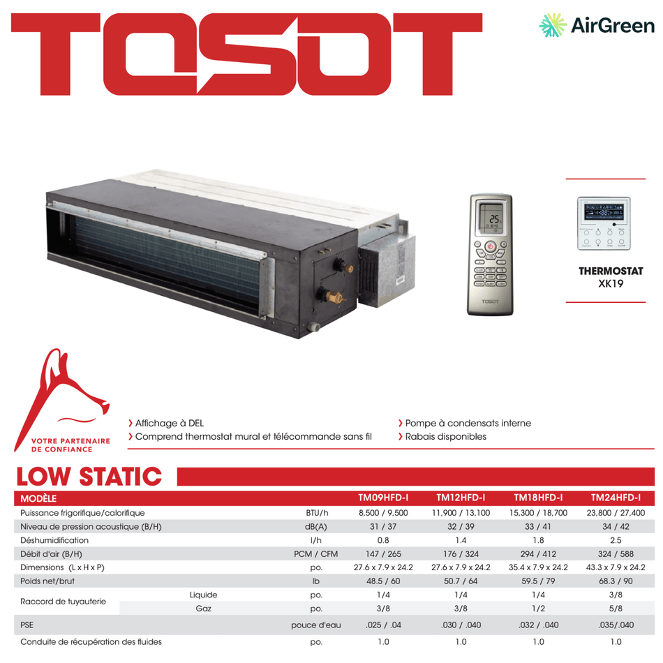 Gainable Basse Pression TOSOT | 18 000 BTU | Montréal, Laval, Longueuil, Rive Sud & Rive Nord