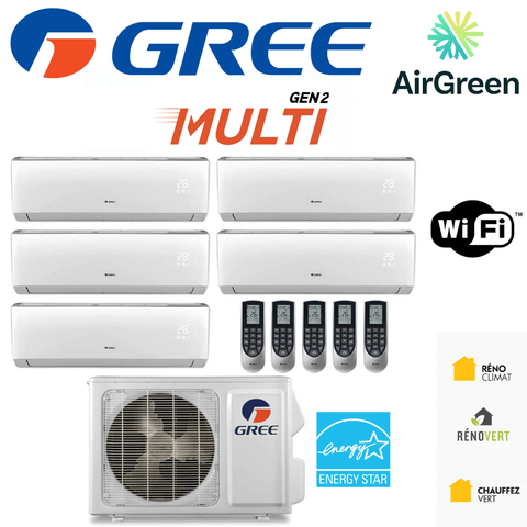 Thermopompe Cinq Zone Gree Multi GEN2 Compresseur 42 000 BTU Montréal, mini split mural, cinq unités, télécommandes, logos WiFi et Energy Star