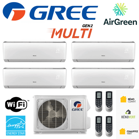 Thermopompe Quad Zone Gree Multi GEN2 Compresseur 30 000 BTU Montréal avec quatre mini splits muraux, WiFi et Energy Star.