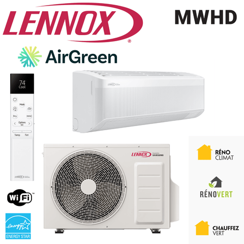 Thermopompe Murale LENNOX MWHD | 9 000 BTU | Montréal, Laval, Rive Sud et Rive Nord montrant l'unité intérieure et extérieure.