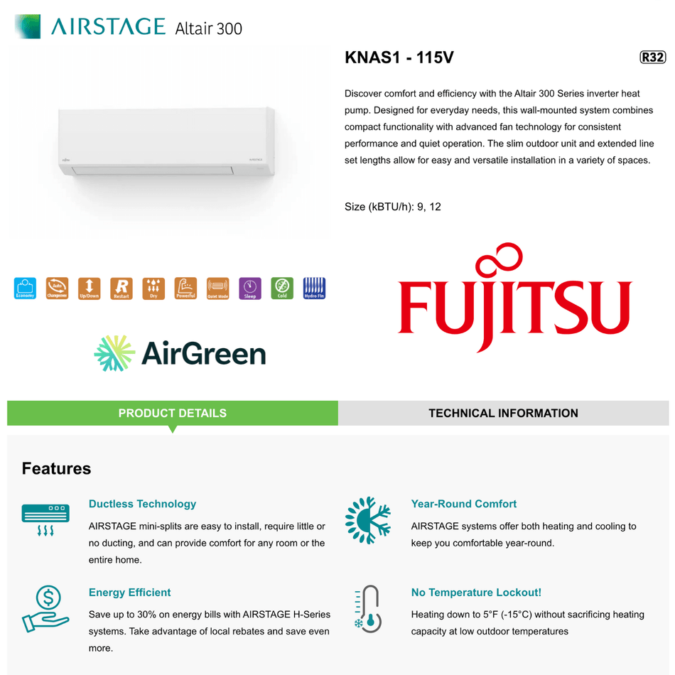 FUJITSU ALTAIR 300 Mini Split | 12,000 BTU | Montreal, Laval, South Shore, North Shore