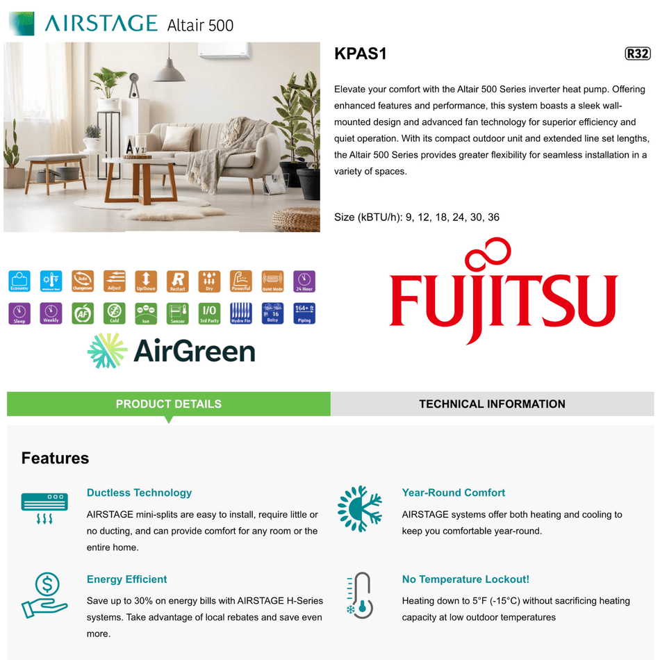 FUJITSU ALTAIR 500 KPAS R-32 Wall-Mounted Heat Pump | 9,000 BTU | Montreal, Laval, Longueuil, South Shore & North Shore