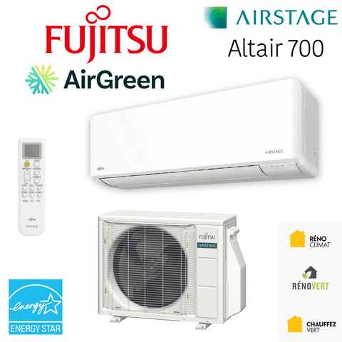 Thermopompe Murale FUJITSU ALTAIR 700 | KMAS R32 | 9 000 BTU | Montréal, Laval, Longueuil, Rive Sud & Rive Nord. Energy efficient unit.