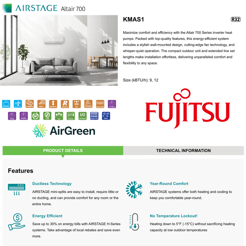 FUJITSU ALTAIR 700 | KMAS R32 Wall Mounted Heat Pump | 9,000 BTU | Montreal, Laval, Longueuil, South Shore & North Shore