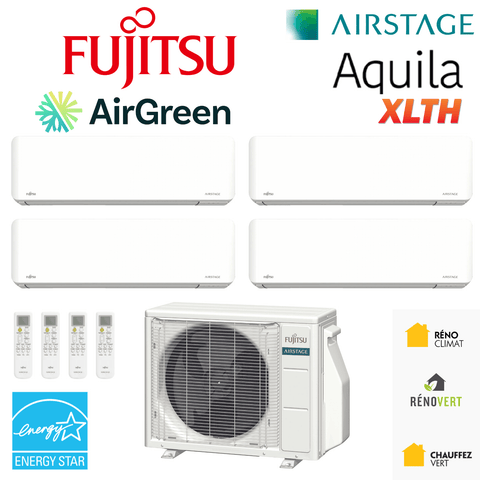 Thermopompe 4-Zones FUJITSU Aquila XLTH R32 | 36 000 BTU | Montréal, Laval, Rive Sud, Rive Nord avec logos Energy Star et AirGreen