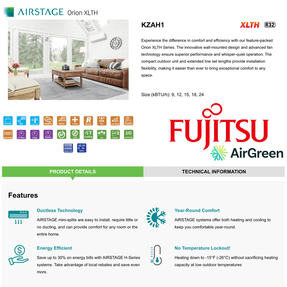 FUJITSU ORION XLTH Wall-Mounted Heat Pump | KZAH R-32 | 24,000 BTU | Montreal, Laval, Longueuil, South Shore & North Shore