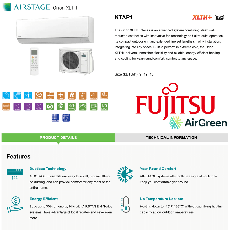 Mini Split FUJITSU ORION XLTH+ | 9,000 BTUs | Montreal, Laval, South Shore, North