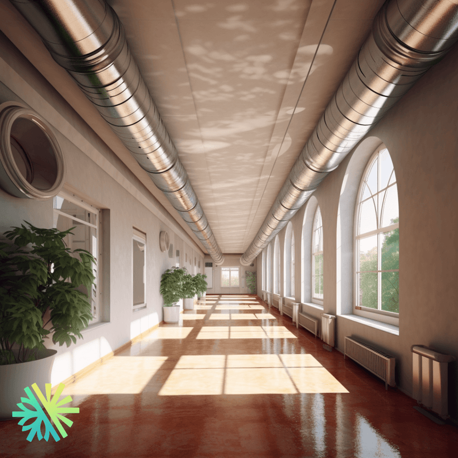 Exposed ventilation ducts in a bright hallway