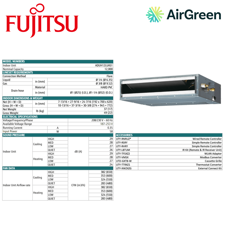 Climatisation Gainable Fujitsu LUAS1 | 12 000 BTU | Installation à Montréal, Laval, Longueuil, Rive Sud et Rive Nord