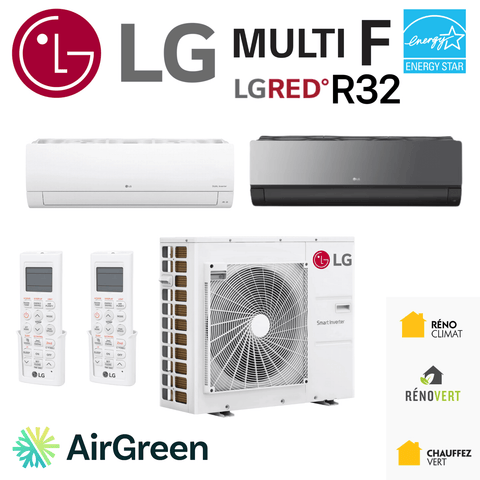 Thermopompe LG Multi F LGRED R32 | 2 Unité Intérieures - 1 Compresseur 30000 BTU, système multi-zone montrant unités intérieures et compresseur.