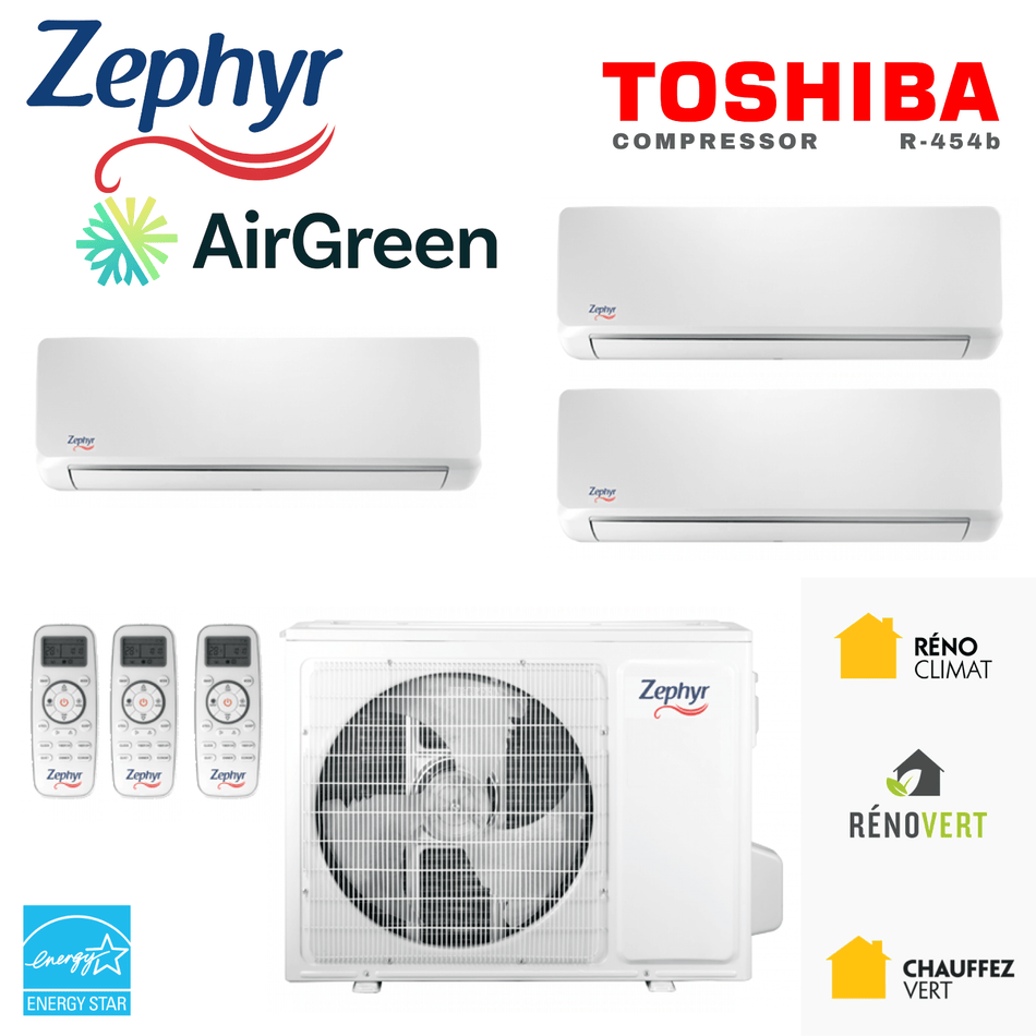 Thermopompe TripleZone Zephyr R-454B | Compresseur 24 000 BTU | Montréal, Laval, Longueuil, Rive Sud & Rive Nord