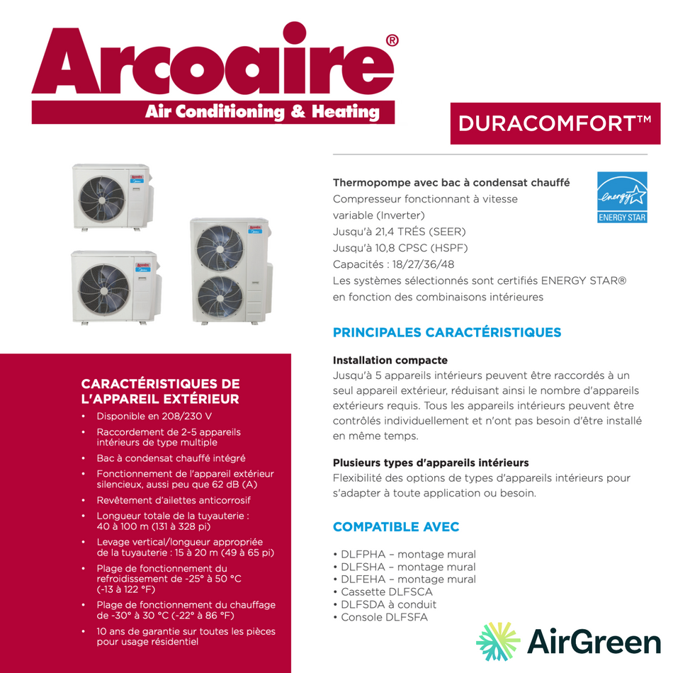 Thermopompe ArcoAire DLCMRA | 4-Zones | Compresseur 48 000 BTU