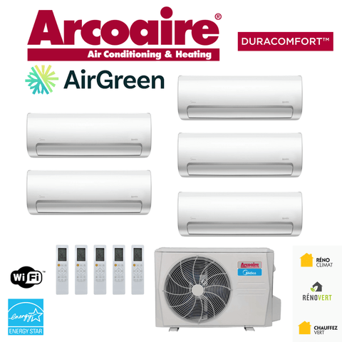 Thermopompe ArcoAire DLCMRA | 5-Zones | Compresseur 48 000 BTU avec unités murales et télécommandes