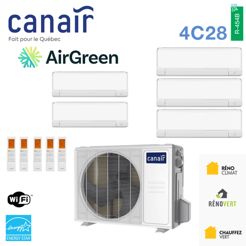 Thermopompe CANAIR 4C28 - R454B | 5-Zones - 36 000 BTU Extérieur avec unités intérieures et télécommandes par AirGreen.