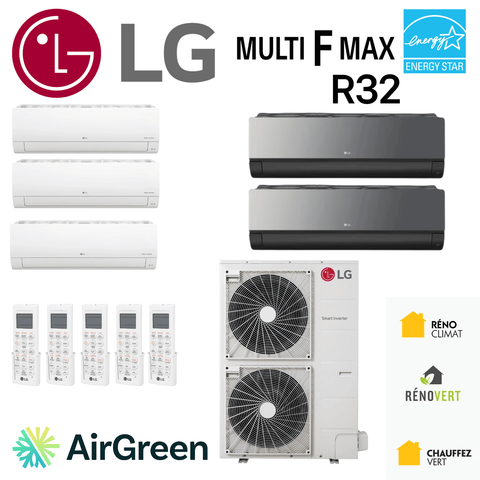 Thermopompe 5-Zone LG MULTI F MAX R32 | Compresseur 54000 BTU multi-zone system with indoor and outdoor units displayed