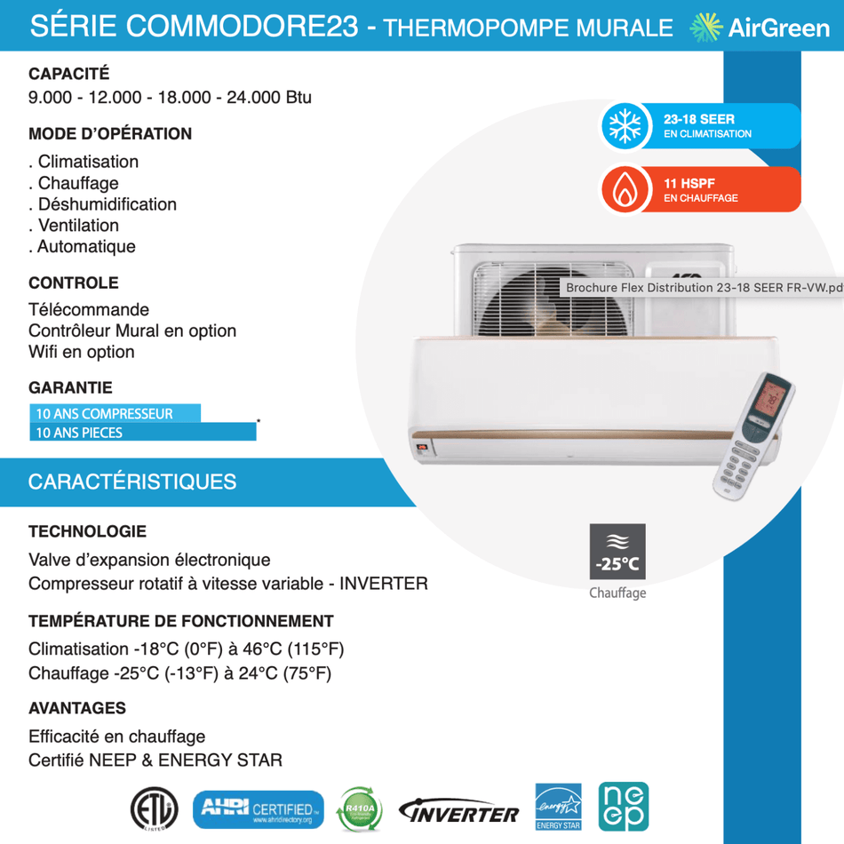 Thermopompe ACD Commodore23 12000 BTU | Montréal, Laval, Longueuil, Rive Sud et Rive Nord