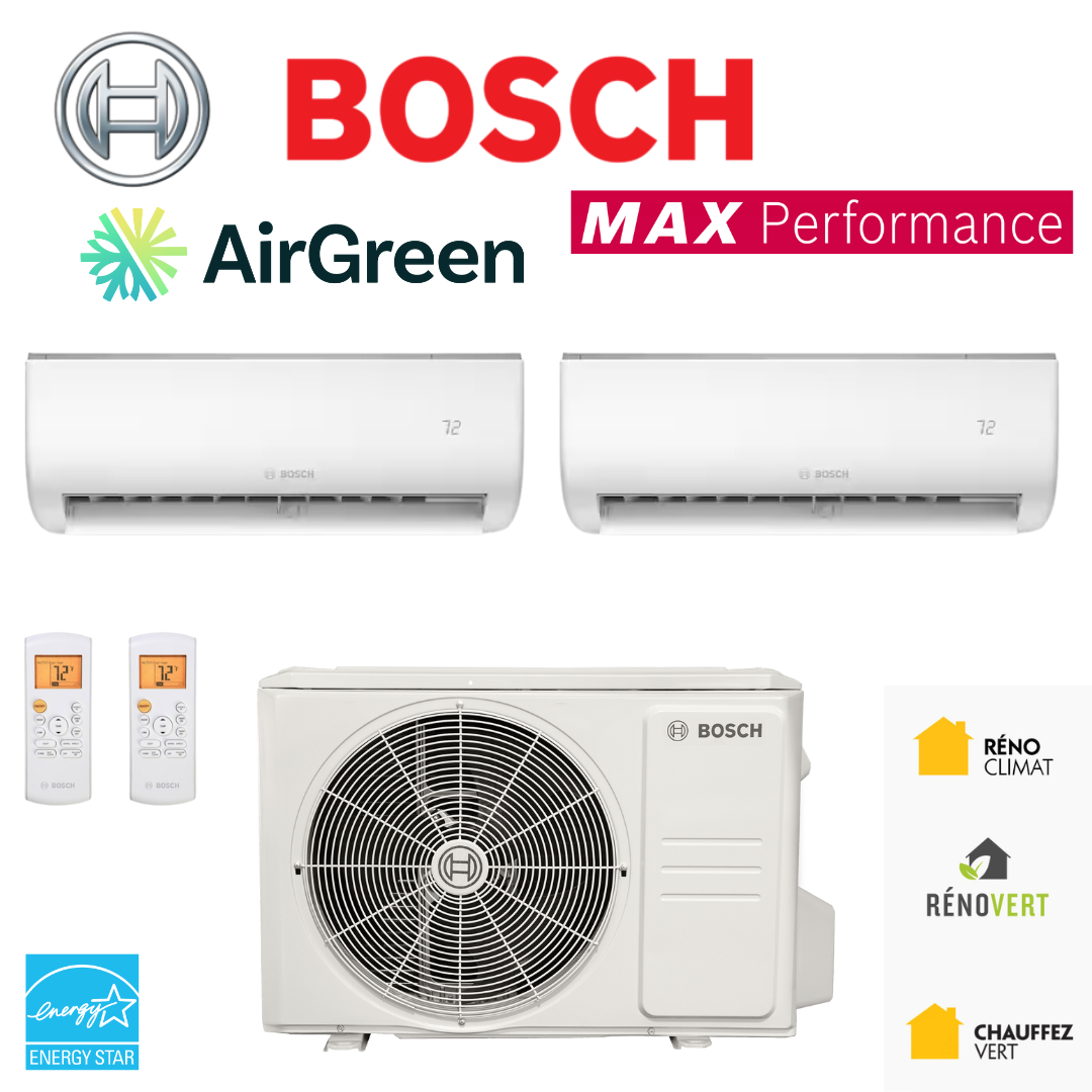 Thermopompe BOSCH Max Performance | 2 Têtes | Compresseur 27 000 BTU | Montréal, Laval, Longueuil, Rive Sud et Rive Nord