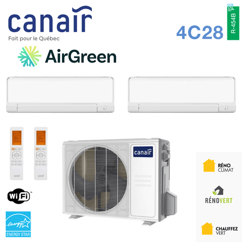 Thermopompe CANAIR 4C28 - R454B | 2-Zones - 36 000 BTU Extérieur avec télécommandes et unités intérieures.