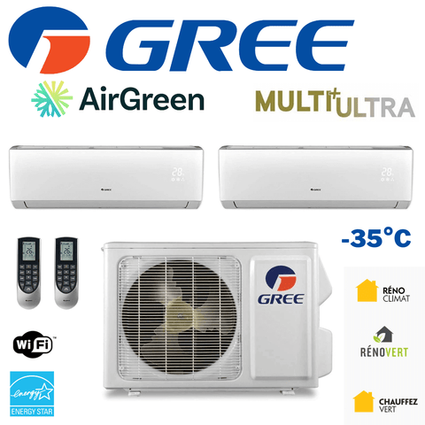 Thermopompe Double Zone Gree Multi+ Ultra Compresseur 24 000 BTU Montréal avec deux unités murales et contrôleurs WiFi